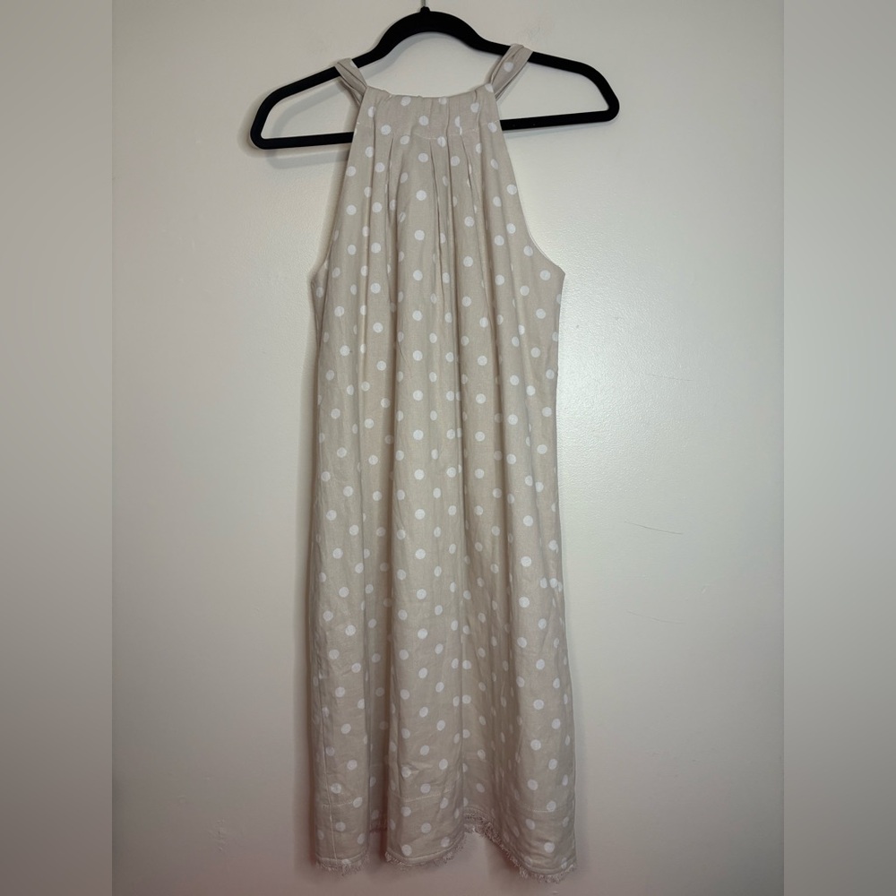 Charlie Paige Tan Polka Dot Halter Dress Linen Blend Tie Back Small